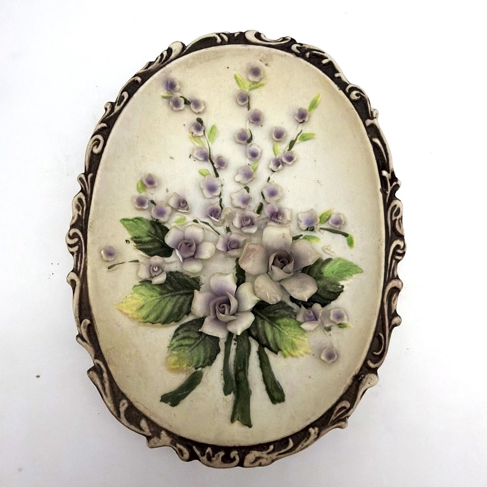 VTG Lefton Ceramic Oval Wall Plaque Lavender Floral Relief Scalloped